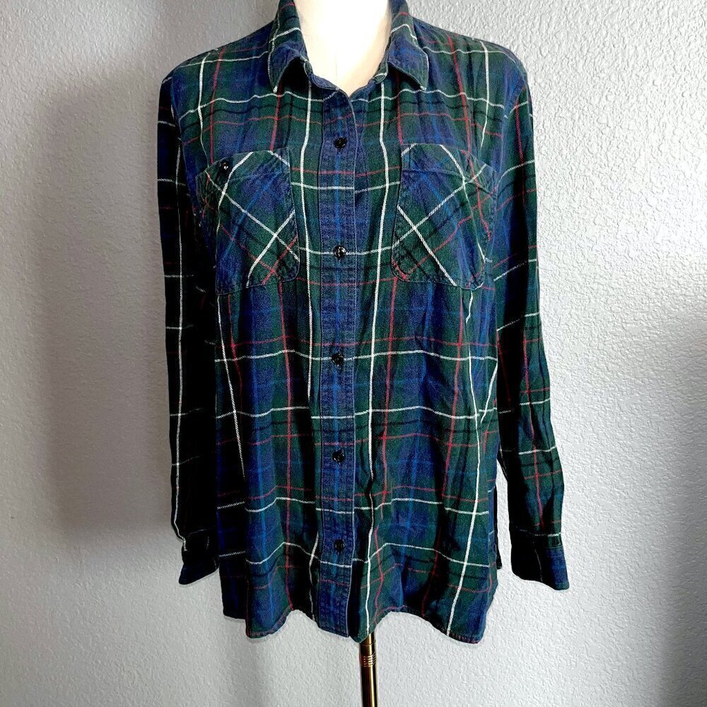 MADEWELL Women's Blue & Green Scottish Plaid Button Down Flannel Shirt Top XL